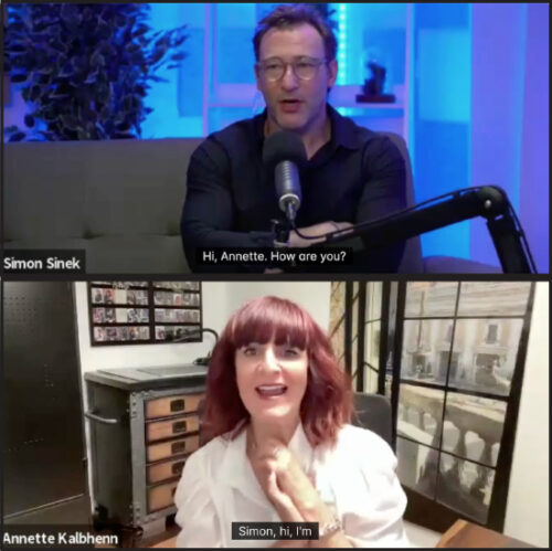 Screen capture from a live Q&A showing Simon Sinek greeting Annette by name, with Annette responding, during a conversation on AI and human connection.